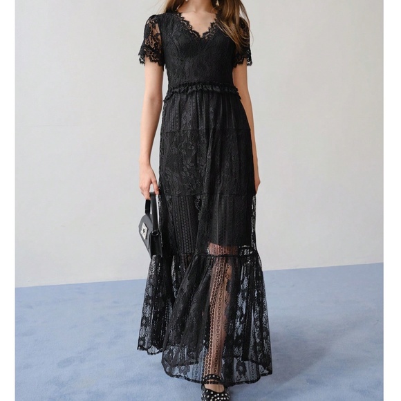 Luxe Black Floral Lace Short Sleeve Party Evening Formal Maxi Dress - Picture 1 of 7